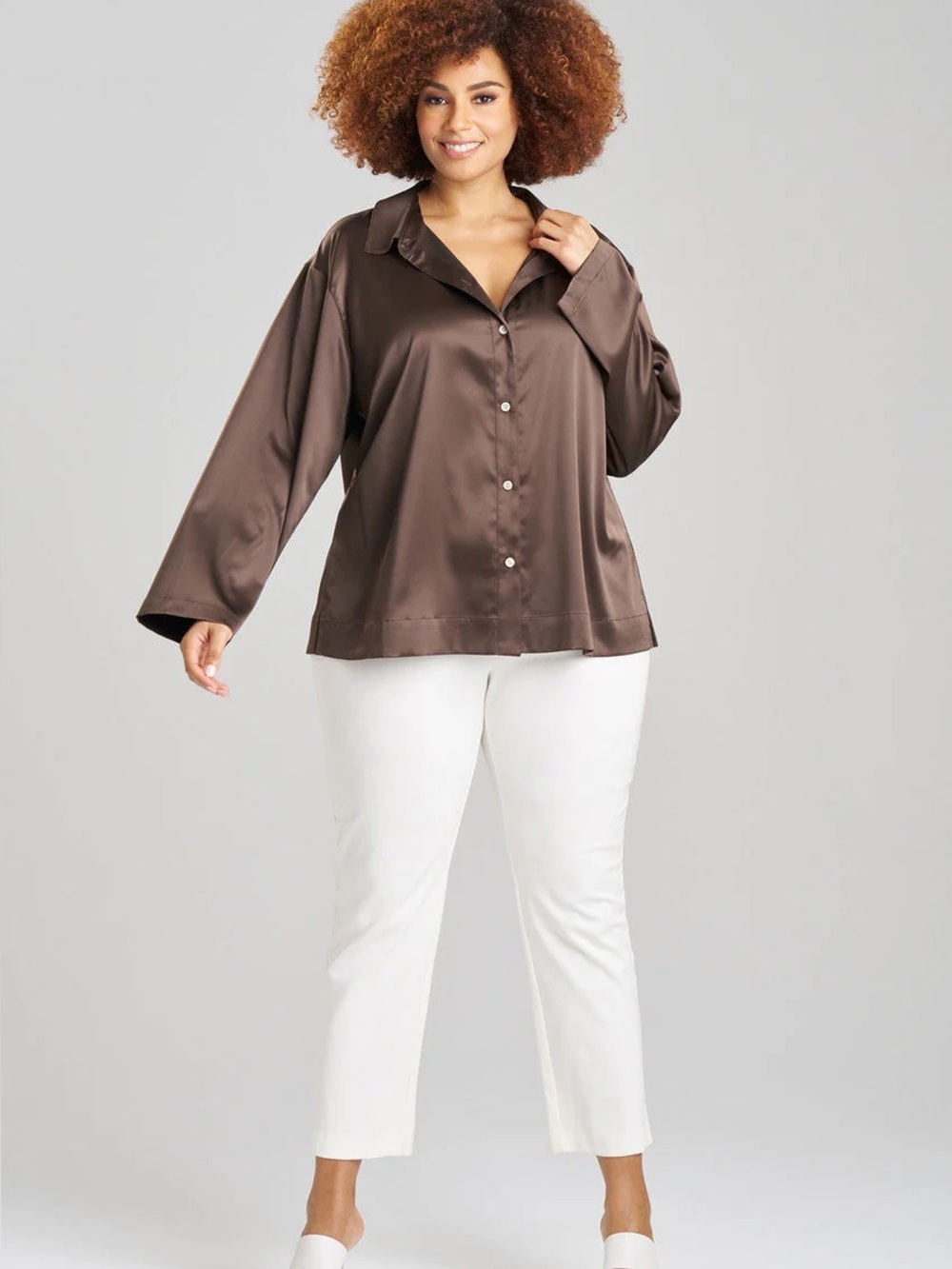 Natori Women’s Glamour Button Down Top in Brown Minimalist Top